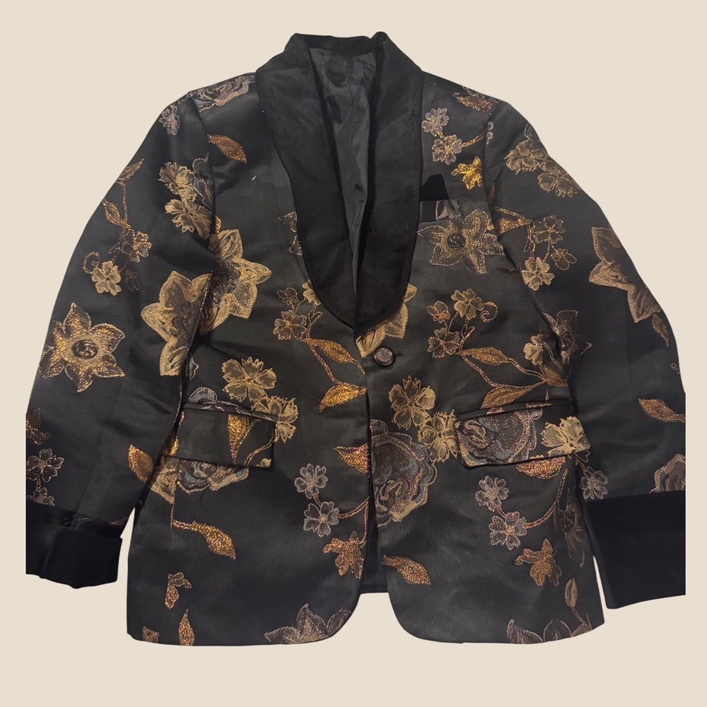 Vintage Black Brocade Smoking Jacket | Metallic Gold Floral Gothic Dandy Cosplay